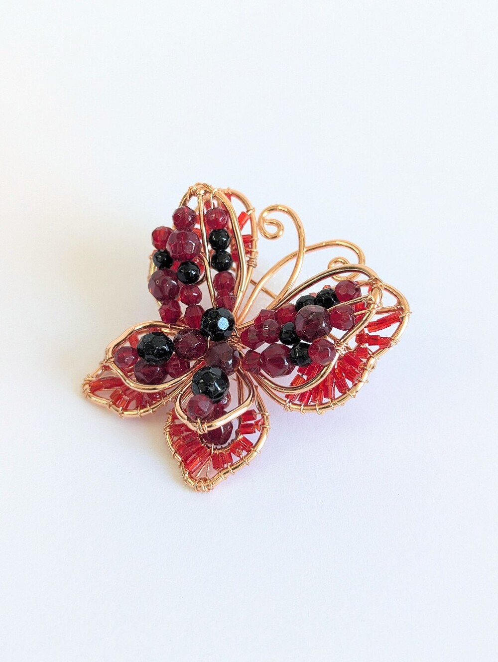 Vintage Wire Wrapped Butterfly Brooch Red Garnet Black Bead Art Glass Boho Pin
